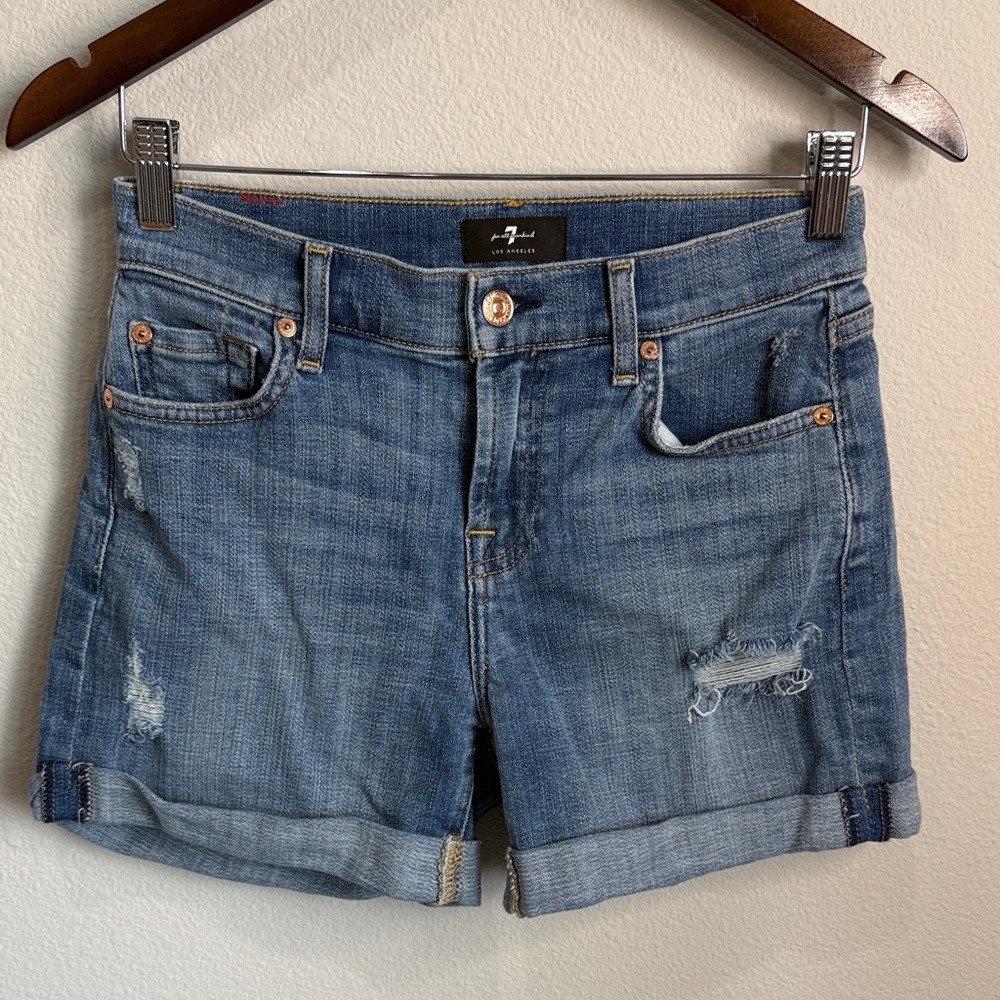 7 For All Mankind Distressed Roll Cuff Jean Shorts 4" Inseam Size 25